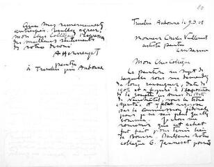 4 vues  - Hermanjat, Abraham. 2 lettres et cartes autographes signées à Charles Vuillermet. - Trévelin (Aubonne), 9 mai-24 juin 1908 (ouvre la visionneuse)
