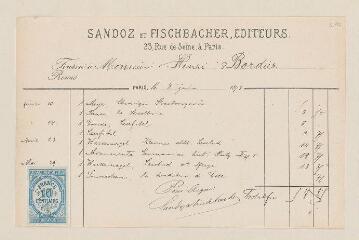 16 vues Sandoz et Fischbacher. 8 factures à Henri Bordier. - Paris, 3 juin 1873 - 7 juin 1877