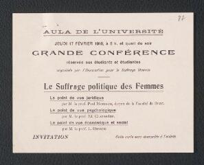 10 vues  - \'Le suffrage politique des femmes\'. Texte dactyl., note manuscr., avec c. impr. - Genève, 17 février 1916 (ouvre la visionneuse)