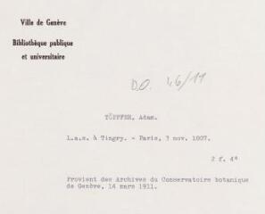 3 vues Töpffer, A[dam]. Lettre autographe signée à [Pierre-François] Tingry. - Paris, 3 novembre 1807. 2 f. in-quarto