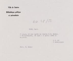 6 vues  - Vogt, Carl. 2 lettres autographes signées et une carte de visite à Burkhard Reber. - Villefranche, 26 mars - 5 avril 1889 et sans lieu ni date. 5 f. in-octavo et 2 enveloppes (ouvre la visionneuse)