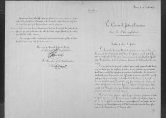 2 vues  - Lettre circulaire (multicopiée) du Conseil fédéral aux cantons, signée par [Friedrich] Frey-Hérosé, président de la Confédération. Berne, 30 juillet 1860 (ouvre la visionneuse)