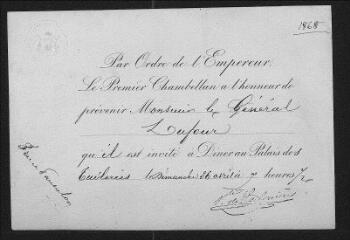 3 vues  - 2 cartons d\'invitation, l\'un à un dîner au Palais des Tuileries, 26 avril 1868, l\'autre à un dîner de l\'ambassadeur du Japon à l\'Hôtel des Bergues le 11 juillet 1873 (ouvre la visionneuse)