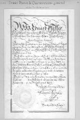 2 vues  - Premier brevet de Quartier-maître général de la Confédération, délivré le 20 septembre 1832, signé par le président de la Diète fédérale Eduard Pfyffer [von Altishofen], avec grand sceau plaqué; en allemand (ouvre la visionneuse)