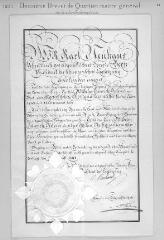 2 vues  - Deuxième brevet de Quartier-maître général de la Confédération, délivré le 23 août 1841, signé par le président de la Diète fédérale Charles Neuhaus, avec grand sceau plaqué; en allemand (ouvre la visionneuse)