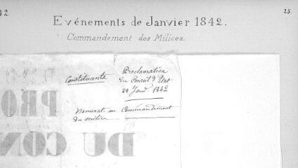 1 vue Proclamation du Conseil d'Etat relative au commandement des milices genevoises, confié au colonel Dufour, 28 janvier 1842. Affiche imprimée, pliée