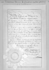 2 vues  - Troisième brevet de Quartier-maître général de la Confédération, délivré le 20 juillet 1843, signé par le président de la Diète fédérale Rudolf Rüttimann, avec grand sceau plaqué; en allemand (ouvre la visionneuse)