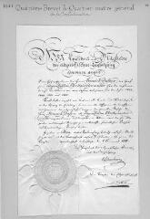 2 vues  - Quatrième brevet de Quartier-maître général de la Confédération, délivré le 8 juillet 1847, signé par le président de la Diète fédérale Ulrich Ochsenbein, avec grand sceau plaqué; en allemand (ouvre la visionneuse)