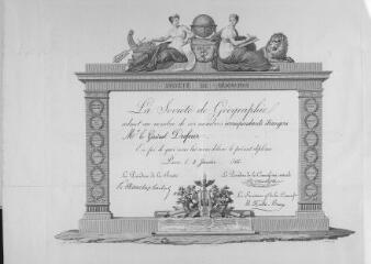 2 vues  - Diplôme de membre correspondant étranger décerné à Dufour par la Société de géographie de Paris, le 5 janvier 1866 (ouvre la visionneuse)