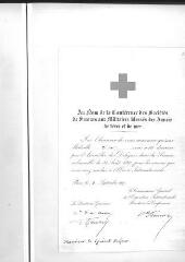 1 vue Diplôme de la Conférence des Sociétés de secours aux militaires blessés des armées de terre et de mer, décernant une médaille d'or à Dufour; Paris, 8 septembre 1867