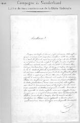 5 vues  - Lettre de reconnaissance de la Diète fédérale après la campagne du Sonderbund, signée Ochsenbein, Berne, 21 avril 1848. Billet de la main d\'Ernest de Beaumont au sujet d\'une photographie de cette lettre, sans date. (ouvre la visionneuse)
