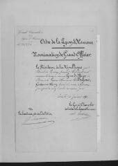 5 vues Certificat du Grand Chancelier de la Légion d'honneur, Rémy Isidore Joseph, comte Exelmans, nommant Dufour au grade de Grand Officier, Paris, 31 janvier 1852, et lettre du Conseil fédéral comportant un arrêté autorisant Dufour à accepter ce grade, Berne, 2 février 1852