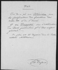 1 vue  - Note autographe de Dufour : liste de pièces retirées par lui du \'pli\' (ouvre la visionneuse)