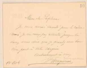 2 vues  - Bouguereau, W[illiam]. Lettre autographe signée à Jules Lefebvre. - Sans lieu ni date (ouvre la visionneuse)