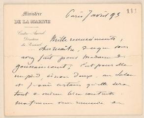2 vues  - Maigret, A., contre-amiral, Ministère de la Marine. Lettre autographe signée à Jules Lefebvre. - Paris, 7 avril [ou août ?] 1893 (ouvre la visionneuse)