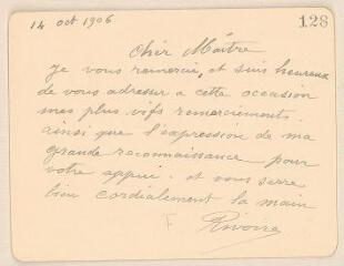2 vues  - Rivoire, [F.]. Lettre autographe signée à Jules Lefebvre. - Sans lieu, 14 octobre 1906 (ouvre la visionneuse)