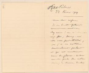 2 vues  - Saint-Saëns, C[amille]. Lettre autographe signée à Jules Lefebvre. - Las Palmas, 22 février 1909 (ouvre la visionneuse)