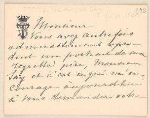 2 vues  - Tredern, comtesse de, née Say. Lettre autographe signée à Jules Lefebvre. - Paris, [15 février 1909] (ouvre la visionneuse)