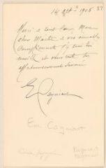 2 vues Cagniart, E[m.]. Lettre autographe signée à Jules Lefebvre. - Sans lieu, 14 octobre 1906
