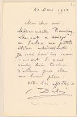 2 vues  - Dubois, P[aul ?]. Lettre autographe signée à Jules Lefebvre. - Sans lieu, 21 mars 1902 (ouvre la visionneuse)
