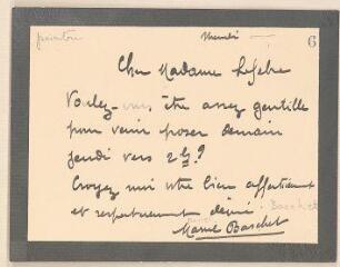2 vues  - Baschet, Marcel. Lettre autographe signée à Madame Jules Lefebvre. - Sans lieu ni date (ouvre la visionneuse)