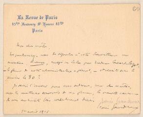 2 vues  - Ganderax, Louis. Lettre autographe signée à Jules Lefebvre. - Paris, 1er avril 1905 (ouvre la visionneuse)