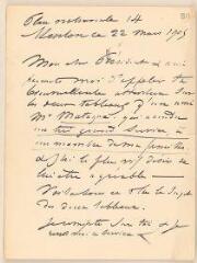 2 vues  - Harpignies, H[enri]. Lettre autographe signée à Jules Lefebvre. - Menton, 22 mars 1905 (ouvre la visionneuse)