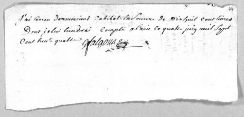 82 vues  - Quarante quittances, mandats ou lettres de change acquittés de Guillaume-Elie Valette de Falgous. - 4 juin 1734 - 6 novembre 1746 (ouvre la visionneuse)