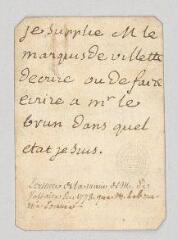 2 vues  - Voltaire. Billet autographe au marquis Charles-Michel Du Plessis-Villette.- Paris, [2 mars 1778] (ouvre la visionneuse)