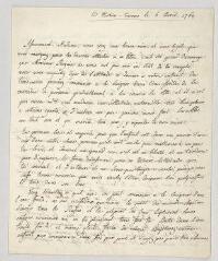 6 vues  - Rousseau, Jean-Jacques. Lettre à Élisabeth Madeleine Roguin.- Môtiers-Travers, 6 avril 1764 (ouvre la visionneuse)