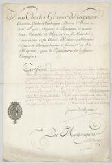 2 vues  - Vergennes, Charles Gravier, comte de. Certificat de pension au Sieur Pasumot.- Versailles, 16 juin 1779 (ouvre la visionneuse)