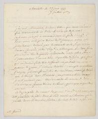 4 vues  - Vergennes, Charles Gravier, comte de. Lettre autographe à M. Grand.- Versailles, 27 juin 1777 (ouvre la visionneuse)