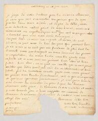 4 vues  - Villeneuve, Mme. Lettre autographe signée à Charles-Nicolas-Joseph-Justin Favart.- Strasbourg, 18 juin 1772 (ouvre la visionneuse)