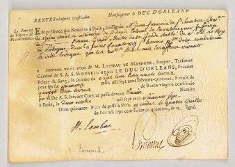 2 vues  - Saint-Lambert, Jean-François de. Pièce signée au Duc d\'Orléans.- Paris, 14 juillet 1774. (ouvre la visionneuse)