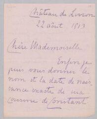 4 vues  - Tugini, Ottolina. Lettre autographe signée à Constant Picot. - Château de Livron, 22 août 1913 (ouvre la visionneuse)