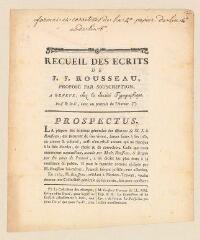 4 vues  - Société typographique de Genève. Projet du 1er [sic] \'Prospectus\' pour l\'édition de Genève des \'Oeuvres de J.-J. Rousseau\'.- début mars 1779. (ouvre la visionneuse)