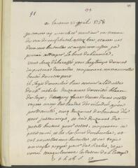 4 vues V[oltaire]. Lettre autographe, signée d'une initiale, à [Ami] Camp, à Lyon.- Lausanne, 27 avril [1758] (taxe et marque postales)