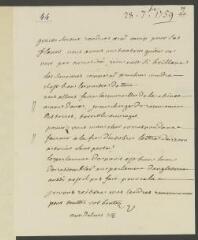 4 vues V[oltaire]. Lettre autographe, signée d'une initiale, à [Jean-Robert] Tronchin, à Lyon.- Aux Délices, 28 [septembre 1759] (taxe et marque postales)