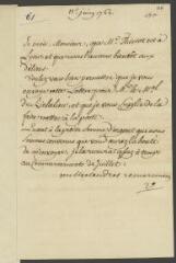 4 vues  - V[oltaire]. Billet de la main de Jean-Louis Wagnière, signé d\'une initiale, la subscription autographe, [à Ami Camp].- 11 juin 1762 (ouvre la visionneuse)