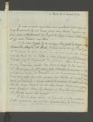 4 vues  - [Grimm, Friedrich Melchior]. Lettre autographe non signée [à François Tronchin].- Paris, 3 avril 1779 (ouvre la visionneuse)