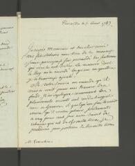 2 vues Hennin, [Pierre-Michel]. Lettre autographe signée, à [François] Tronchin.- Versailles, 5 août 1783