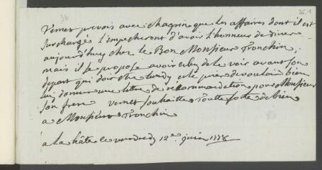 2 vues  - [Vernet, Joseph]. Billet autographe non signé, écrit à la troisième personne, à [François] Tronchin.- Vendredi 12 juin 1778 (ouvre la visionneuse)