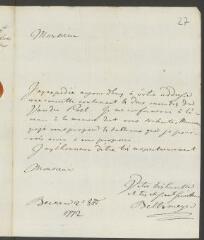 4 vues  - Beltzmeyer, [Johann Jacob]. Lettre autographe signée à [François] Tronchin, aux Délices, près Genève.- Berne, 2 octobre 1772 (taxe postale) (ouvre la visionneuse)