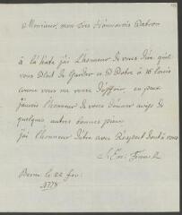 4 vues  - Funck, S[igmund] Em[anuel]. Lettre autographe signée à [François] Tronchin, aux Délices, à Genève.- Berne, 22 février 1778 (taxe postale) (ouvre la visionneuse)