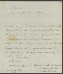 4 vues  - Funck, S[igmund] Em[anuel]. Lettre autographe signée à [François] Tronchin, aux Délices, à Genève.- Berne, 1er octobre 1778 (taxe postale) (ouvre la visionneuse)