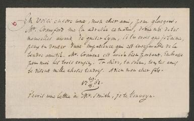 2 vues  - [Tronchin, Théodore]. Billet autographe non signé à son fils [François-Louis Tronchin].- 19 août 1761 (ouvre la visionneuse)