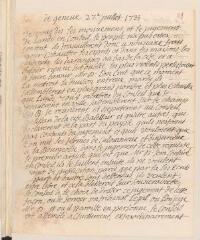 4 vues T[ronchin-]P[erret], [Suzanne, épouse d'Antoine]. Lettre autographe, signée d'initiales, à son [beau-]frère [Jean Tronchin].- Genève, Lyon, 27- 29 juillet 1735