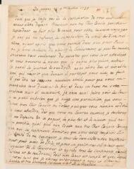 2 vues  - P[elissari] de L\'Isle, A[ngélique-Henriette de, épouse d\'Esaïe de Chandieu de l\'Isle]. Lettre autographe signée à son cousin [Jean Tronchin], à Lyon.- Genève, 4 juillet 1735 (ouvre la visionneuse)