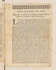 2 vues  - Imprimé intitulé \'Declaration du roy portant que les enfans de la religion pretenduë reformée pourront se convertir à l\'âge de sept ans etc\'.- 1681 (ouvre la visionneuse)