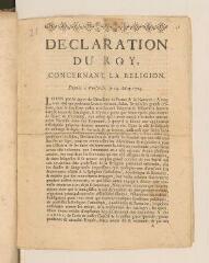 8 vues  - Imprimé intitulé \'Declaration du roy concernant la religion. Donnée à Versailles le 14 may 1724\'.- A Paris chez Louis-Denis Delatour et Pierre Simon, 1724 (ouvre la visionneuse)